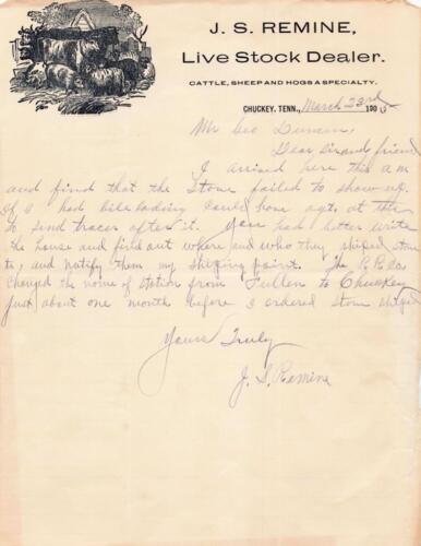 1905 CHUCKEY TN Document LETTRE DE J.S. REVENDEUR DE BÉTAIL REMINE Tennessee
