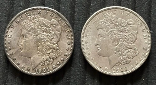 Lot Of 2 Morgan Silver Dollar Coins 1901 O & 1900 P Good Shape