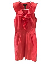 Ralph Lauren Sz 6 Coral Pink Cotton Dress Fitted Sleeveless Ruffle V-Neck Dress