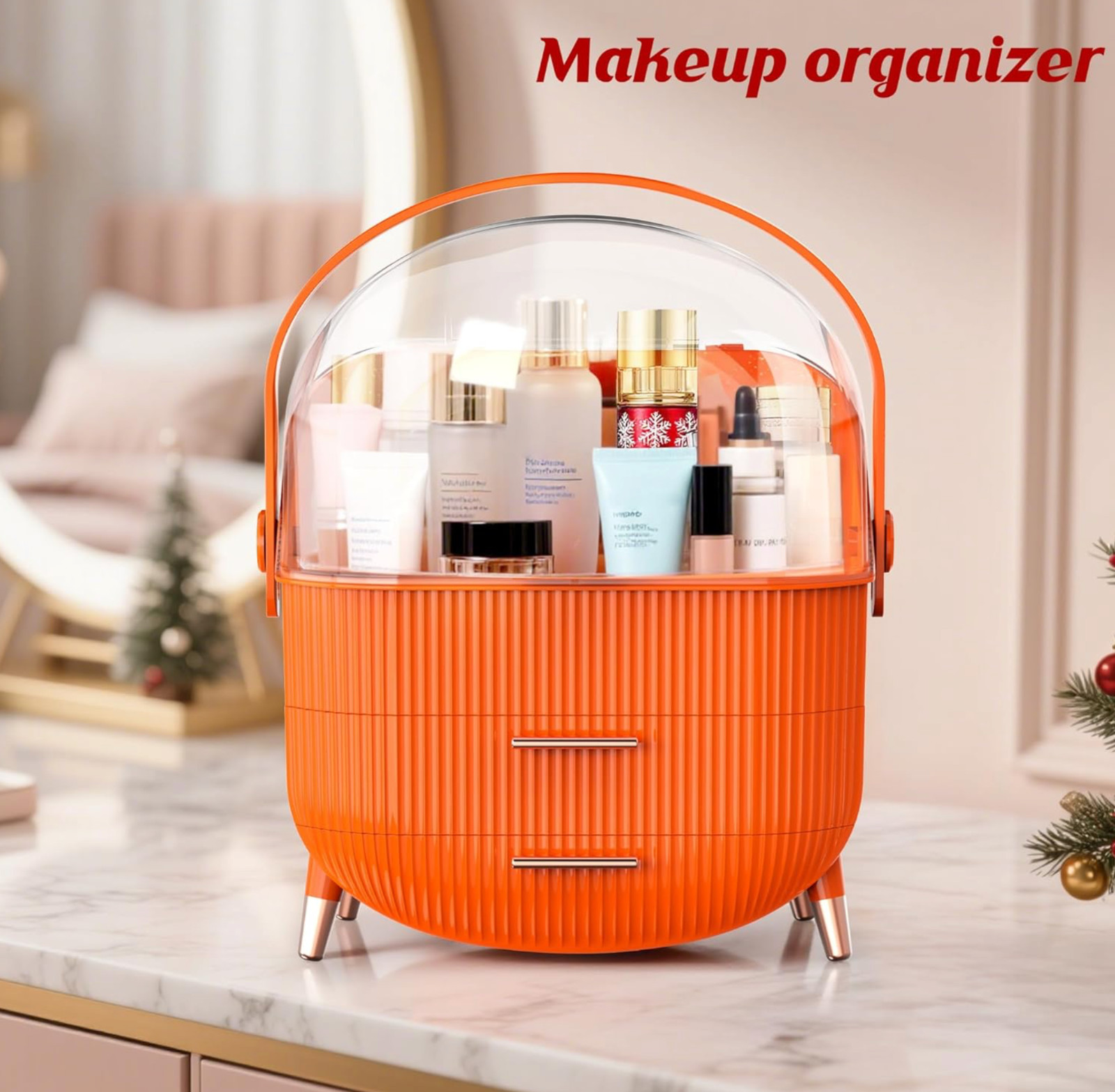 Makeup Organizers and Storage Vanity Cosmetics Skincare With Lid&Drawers Orange