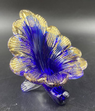 Vaso soprammobile portafortuna CORNUCOPIA vetro Murano blu cobalt oro firmato
