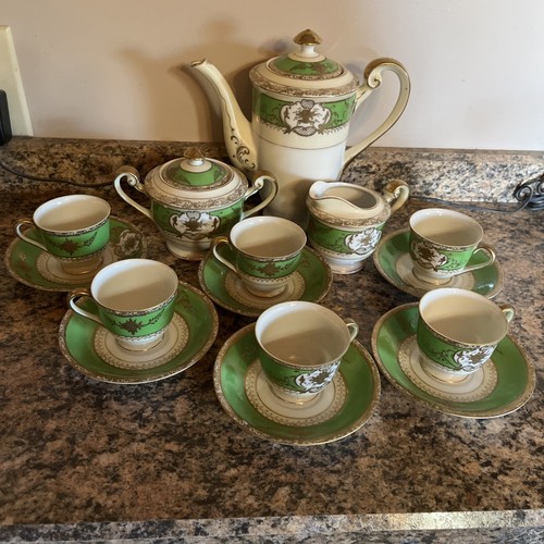 Vintage japanisches grün weiß und gold geprägt Teeservice handbemalt Japan - Bild 2 von 14