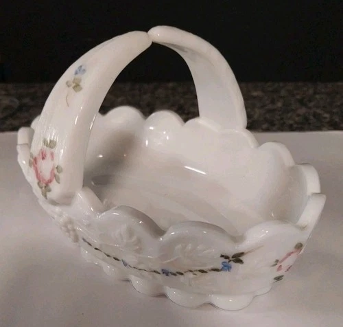Vintage Westmoreland White Milk Glass Basket Split Handle Roses Hand Painted