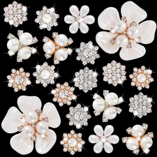 20 Pcs Pearl Rhinestone Buttons, Crystal Embellishments Flat Back Button, Flower