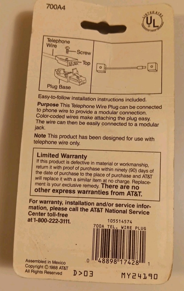 AT&T Telephone Wire Plug New Old Stock 700A4 Off White 48898174281| eBay