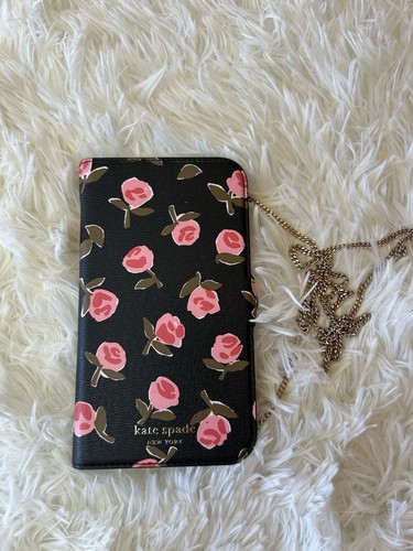 Kate Spade New York Floral Folio Case Black Pink Brown Chain Strap Card Pocket