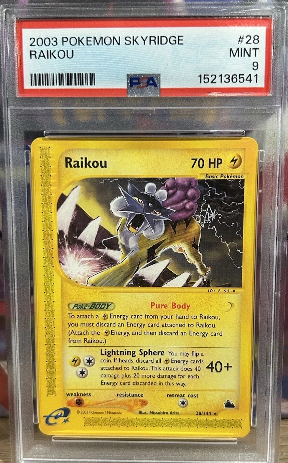 💎🐯Pokemon PSA 9 MINT 2003 Raikou 28/144 Skyridge Rare Card🐅⚡️Pop 100 💯