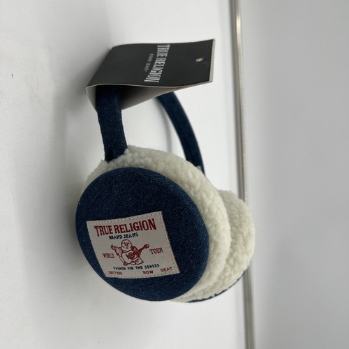 TRUE RELIGION Logo Patch Earmuffs NWT Blue Denim Buddha Patch - Picture 3 of 4