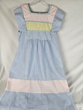 VTG Vandemere Sz L Pink Blue White Seersucker Stripe House Dress Cottage Wear