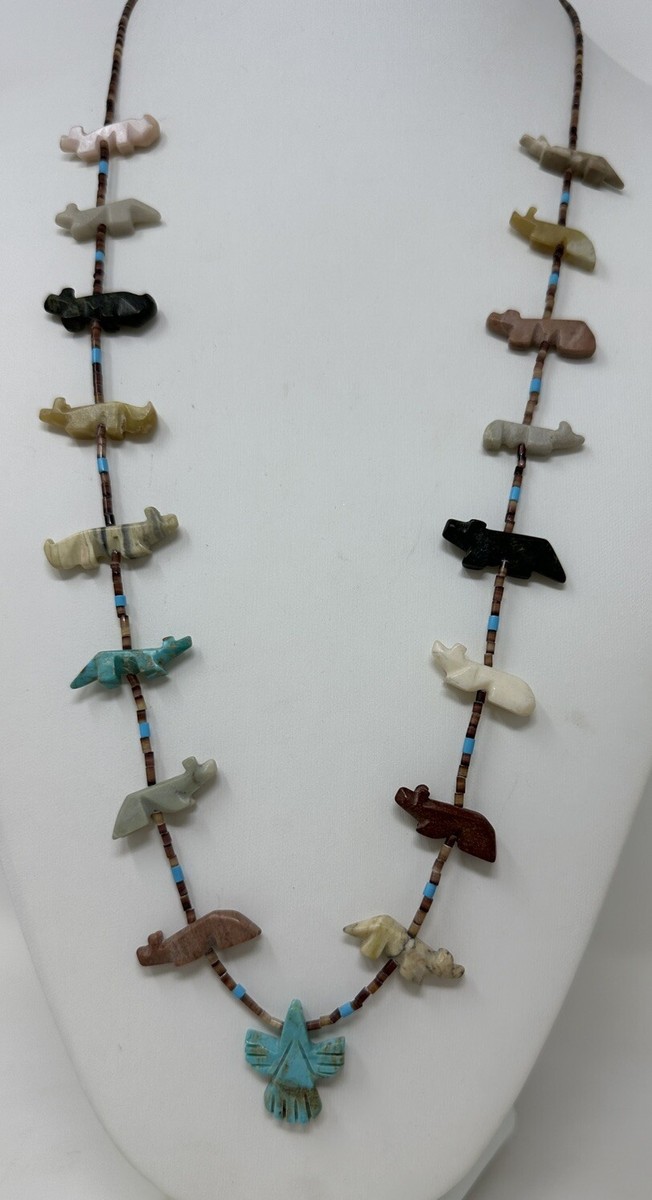 Incredible Vintage Native American Zuni Turquoise Animal Sterling Silver Heishi Necklace Incredible Vintage Native American Zuni Turquoise Animal Sterling Silver Heishi Necklace