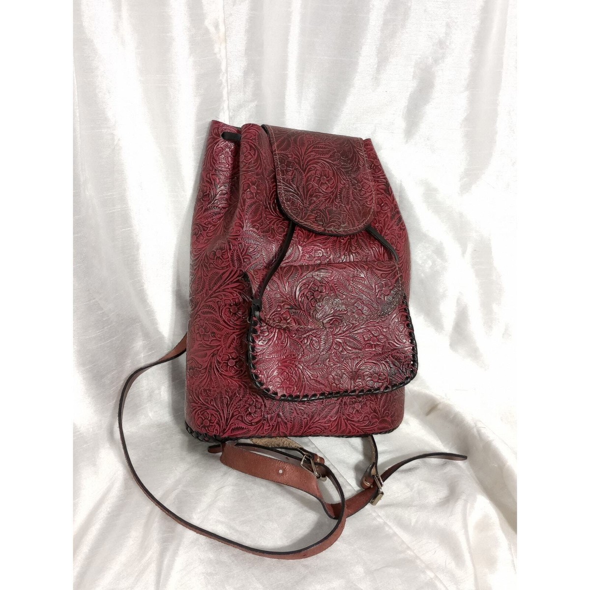 Handcrafted Red-Brown Authentic Mexican Leather Women’s Backpack Mexican handmade wine red leather embossed backpack bag  main image 2