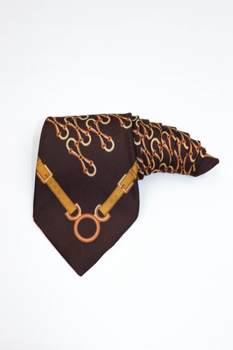 Gucci Vintage Seidenkrawatte braun Horsebit Monogramm Muster bedruckt Grafik - Bild 5 von 9