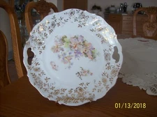 Cake Plate Double Handle Vintage White Porcelain Peach & Purple Floral Pattern