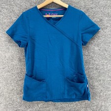 Urbane Ultimate Scrub Top Women XS Blue V-Neck Short Sleeve Pockets Rayon