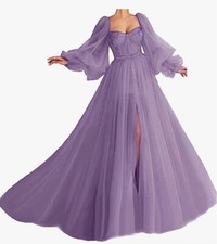 Tulle Puffy Sleeve Prom Dress with Split