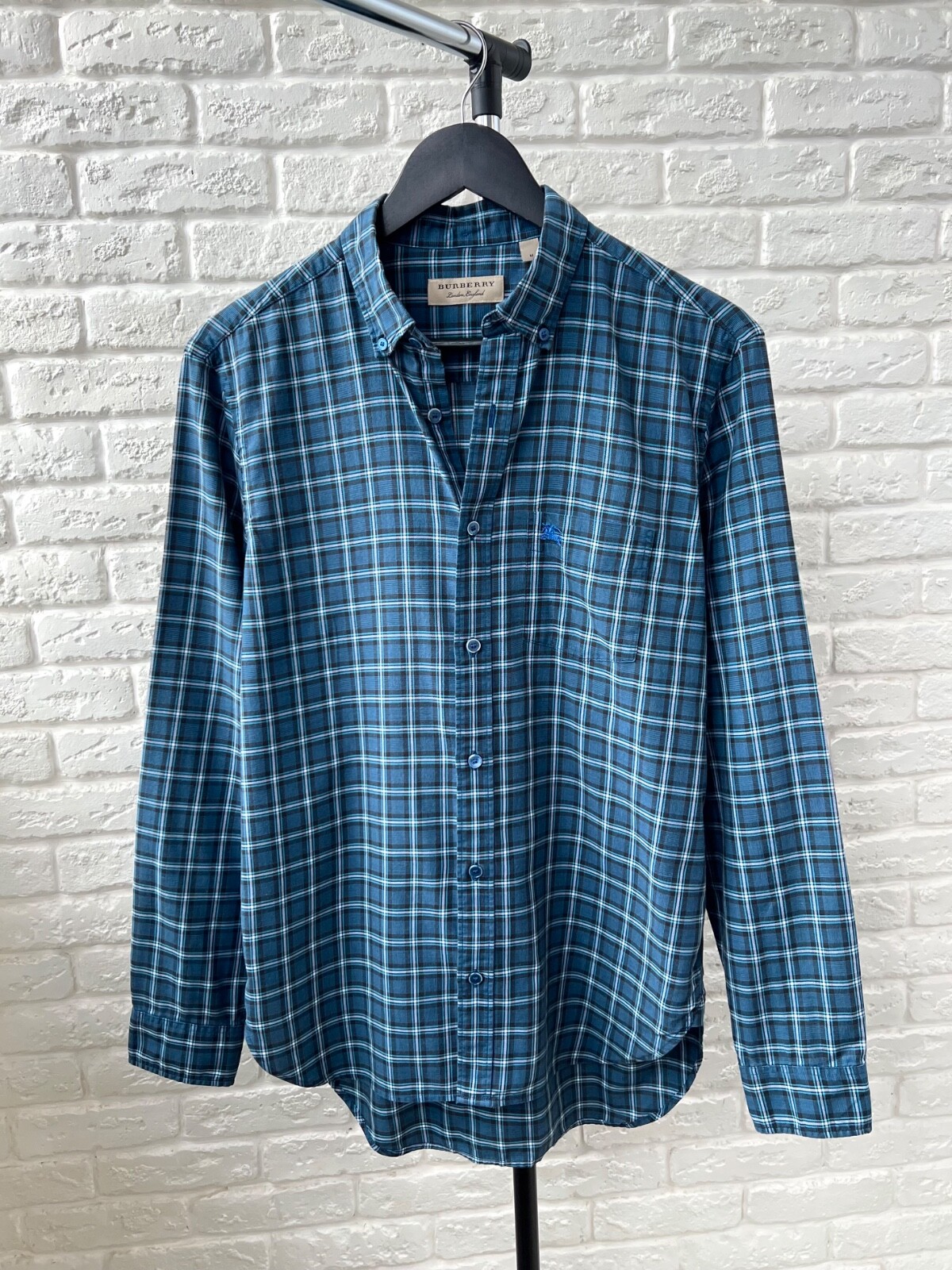 Burberry London Blue Checked Button Up Shirt Mens Size M