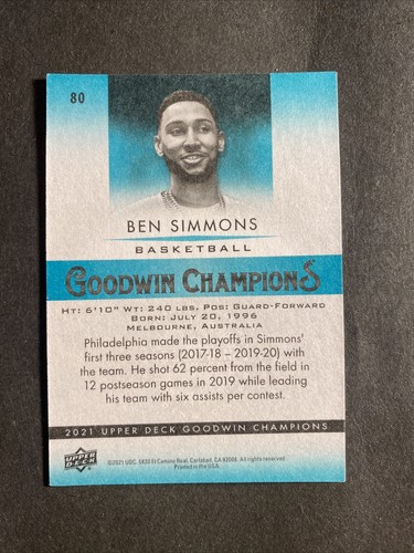2021 Upper Deck Goodwin Champions Turquoise Ben Simmons #80 Basketball - Picture 2 of 2