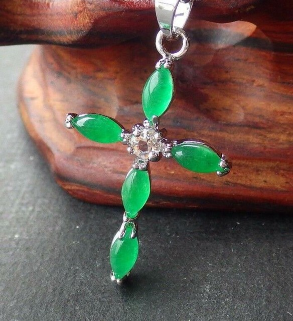 large faux JADE GREEN cross crytal 925 STERLING silver 20