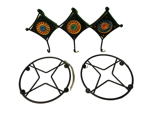 Boho Sunburst Ceramic Tile Wall Mount 3 Hooks Key Hanger & 2 Metal Star Trivets