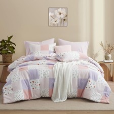Oli Anderson Queen Comforter Set, 7 Pieces Misty Pink Floral Seersucker Bed C...