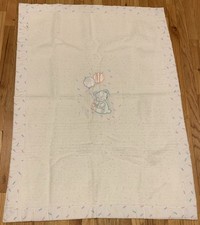 Vintage Quiltex Baby Blanket Teddy Bear W/ Balloons White Acrylic Pastel Colors