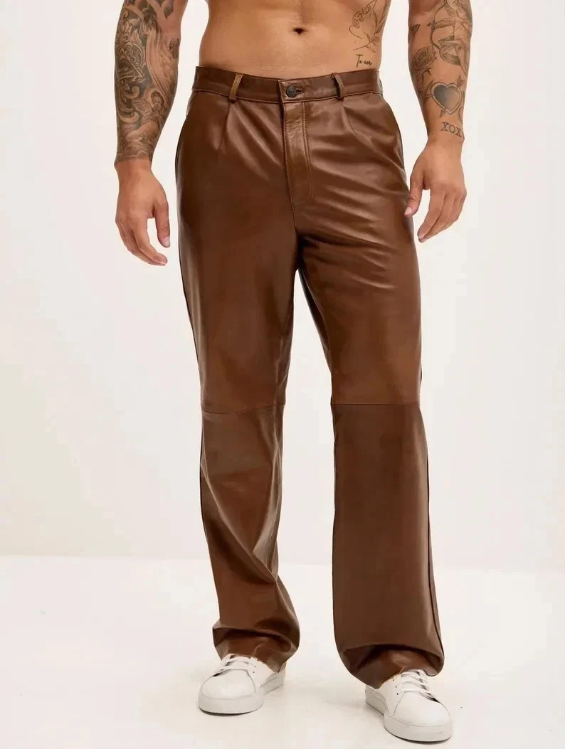 Men's Lambskin Soft Leather High Quality Moto Brown Pant Slash Pockets