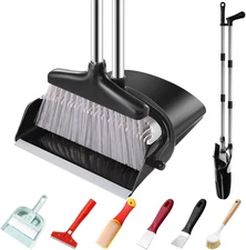 Broom and Dustpan Set with Long Handle and 6 Bonus Cleaning Tools, Upright Stand