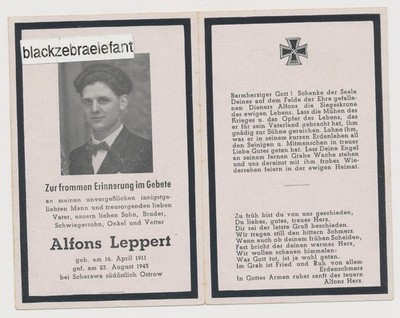3223- wk2 STERBEKARTE für  A. Leppert gefalen 1941 bei Ostrow