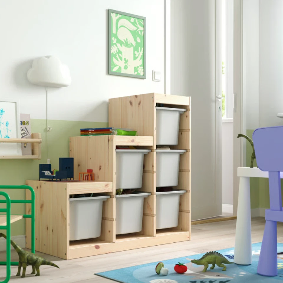 IKEA TROFAST Combinación de almacenamiento con cajas, blanco claro manchado pino/gris Nuevo Foto 3 de 4