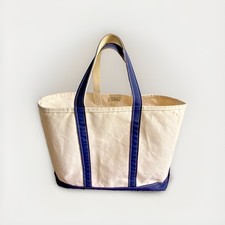 LL Bean Boat & Tote Bag Made In USA Cream / Navy Blue Trim Canvas 1990's