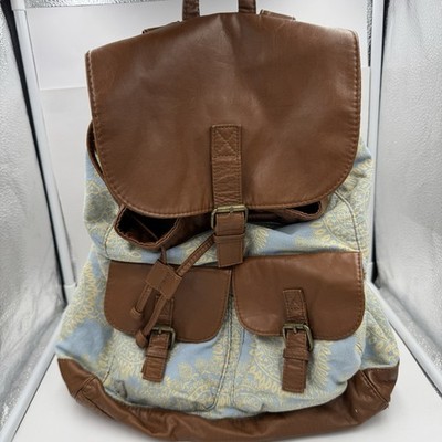 T-Shirt & Jeans Boho Cotton Backpack Blue PU Leather Trim Floral Pattern Women 