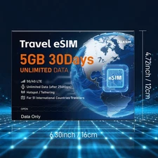 Unlimited 5GB for 30Day eSIM for 51 Global Countries-QR Code Activation