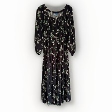 Old Navy Women Large Black Floral Tiered Midi Dress Cottagecore Boho Puff Sleeve