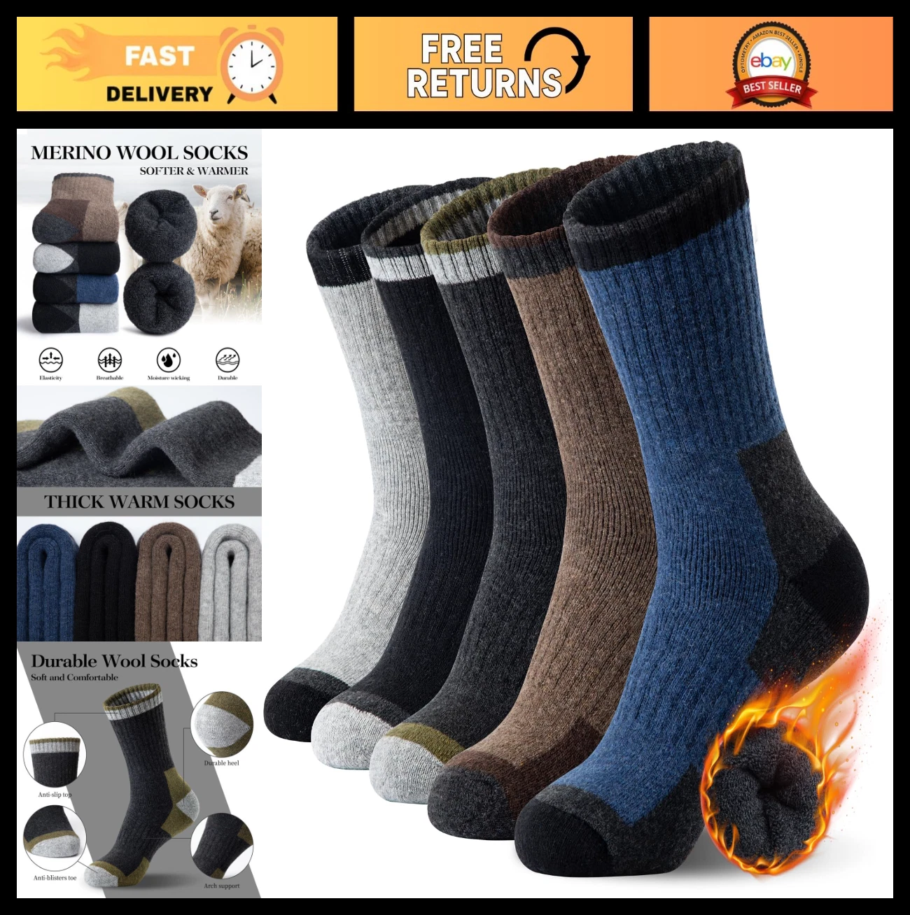 Thick Thermal Merino Wool Hiking Socks for Men - 5 Pairs Warm Winter Crew Socks