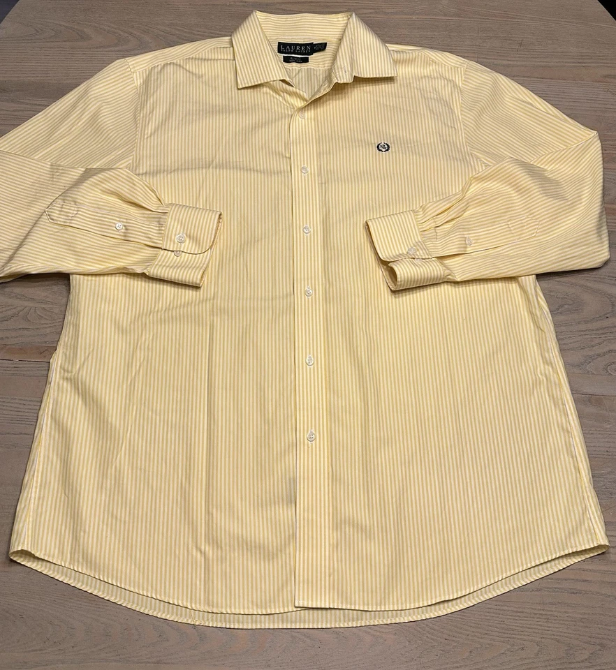 Lauren Ralph Lauren Yellow Striped Dress Shirt Men’s 18 34/35 Slim Fit Non Iron - Image 2 of 4
