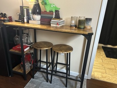 Qsun 3-Piece Bar Table Set Rustic Brown with Storage Shelves & Glass Rack