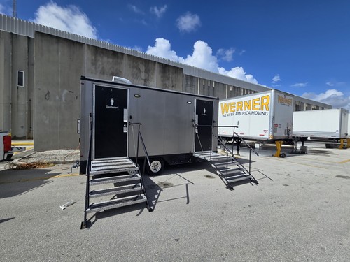 Portable Restroom Trailer, USA Made -2 women stalls, 1 man stall, 3 urinals