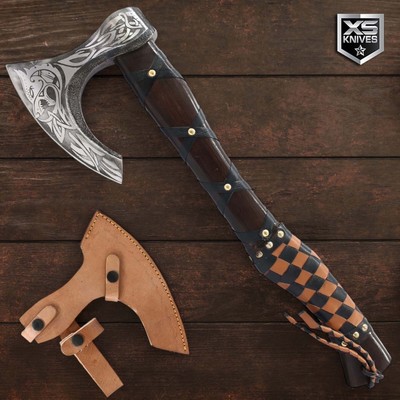 19'' TOMAHAWK Hunting VIKING AXE Survival WOOD Handle WOLF HEAD w/ Leather Sheath
