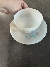 Vtg 1950 Fire King White Milk Glass Bonnie Blue Carnation Cup and Saucer Mint