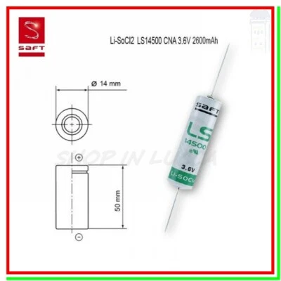 Saft 14500 CNA Batteria Pila 3,6V Li-SOCl2 STILO AA Assiale Saldare Reofori