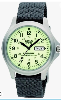 Lorus Herren Lumibrite grau Stoff Web Armband Analog Uhr superschnelle Lieferung 