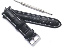 22mm Black/White Crocodile Grain Leather Watch Band W/ Spring Bar Remover Tool