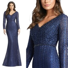 Mac Duggal Size 18 Rhinestones Longsleeve Trumpet Midnight Navy Dress