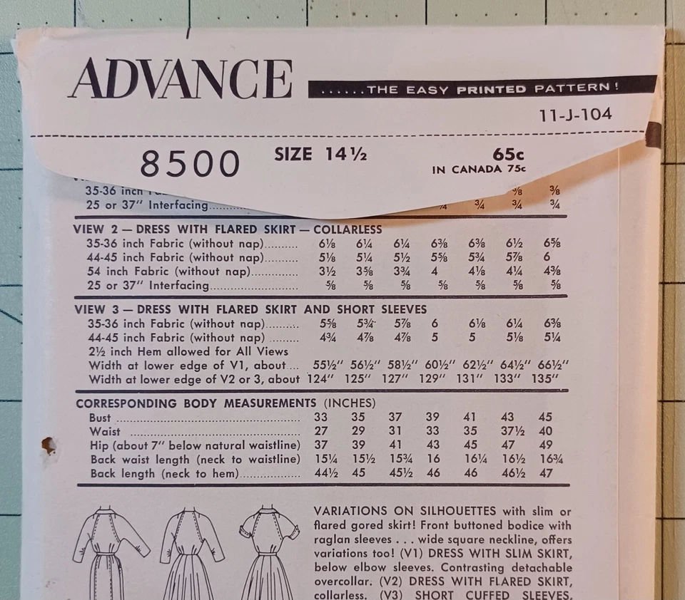Sz 14.5 Vtg 50s Dress Slim or Flared  UC FF Advance 8500 Pattern VG Condition  - Image 2 of 4