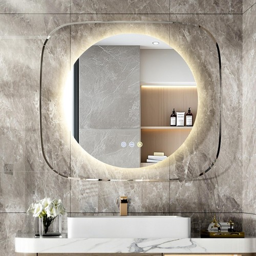 Modern LED Bathroom Mirror w/ Backlit Clear Glass Frame Defog Dimmable Touch HD - Picture 4 of 17