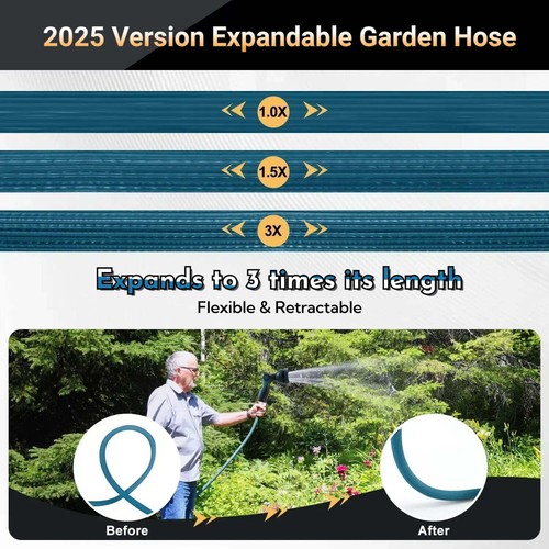 75FT Expandable Garden Hose Flexible No Kink Brass Fittings Spray Nozzle Blue - Picture 3 of 11