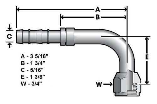 Barbed A/C Fitting, 90 Degree, #8 Size With 16mm Service Port - Female O-Ring, Push-On Type