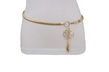 Women Gold Metal Stretch Waistband Narrow Fashion Belt Flower Bling Buckle S M L