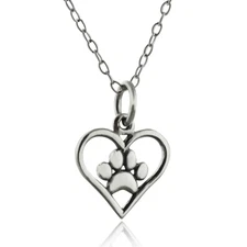 Heart with Paw Print Charm Necklace 925 Sterling Silver Pet Love Dog Cat Gift