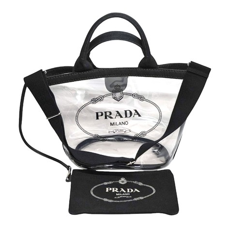 Prada Canapa Plex Fabric Tote Bag Black Clear Vinyl Canvas Pouch Logo 1BG187
